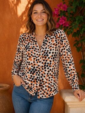 Halogen Black Orange White Polka Dot Long Sleeve Button Down Blouse Size XS